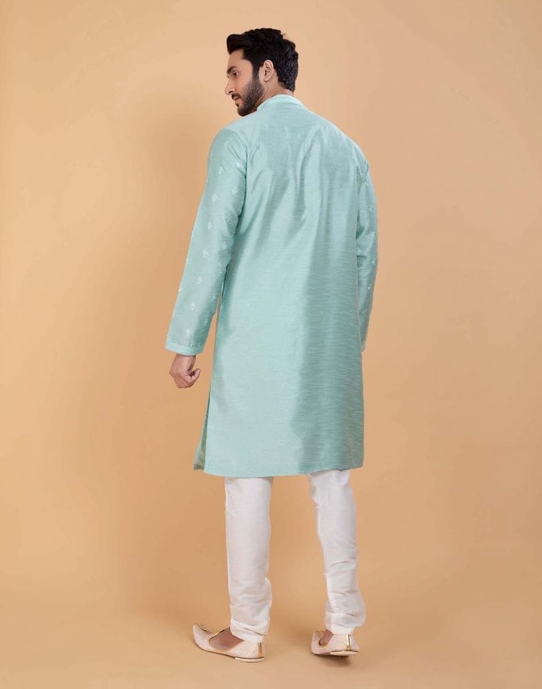 Collection of Sky Blue Simple and Comfort Embellished work Raw Silk Kurta Set in a gallery layout