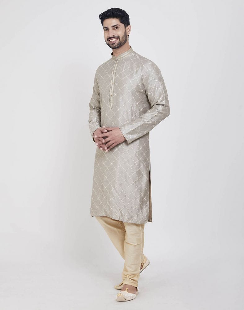 Collection of Grey Stylish Thread And Sequence Work Kurta Pajama Set in a gallery layout