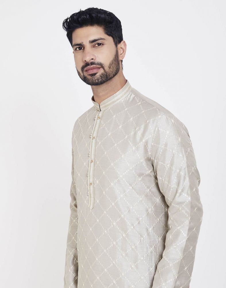 Collection of Grey Stylish Thread And Sequence Work Kurta Pajama Set in a gallery layout