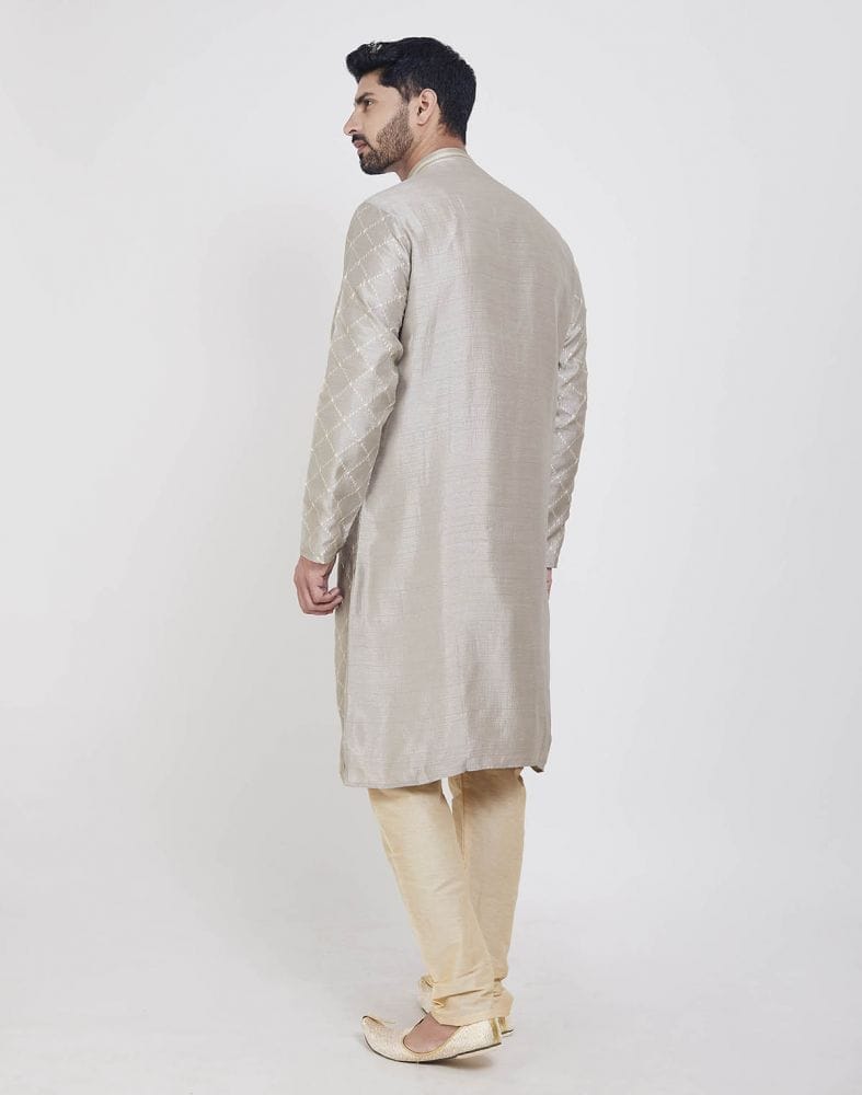 Collection of Grey Stylish Thread And Sequence Work Kurta Pajama Set in a gallery layout