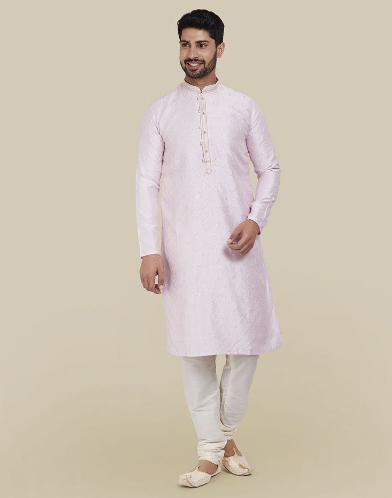 Collection of Light Pink Stylish Thread And Sequence Work Kurta Pajama Set in a gallery layout