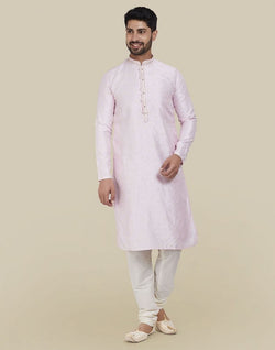 Collection of Light Pink Stylish Thread And Sequence Work Kurta Pajama Set in a gallery layout