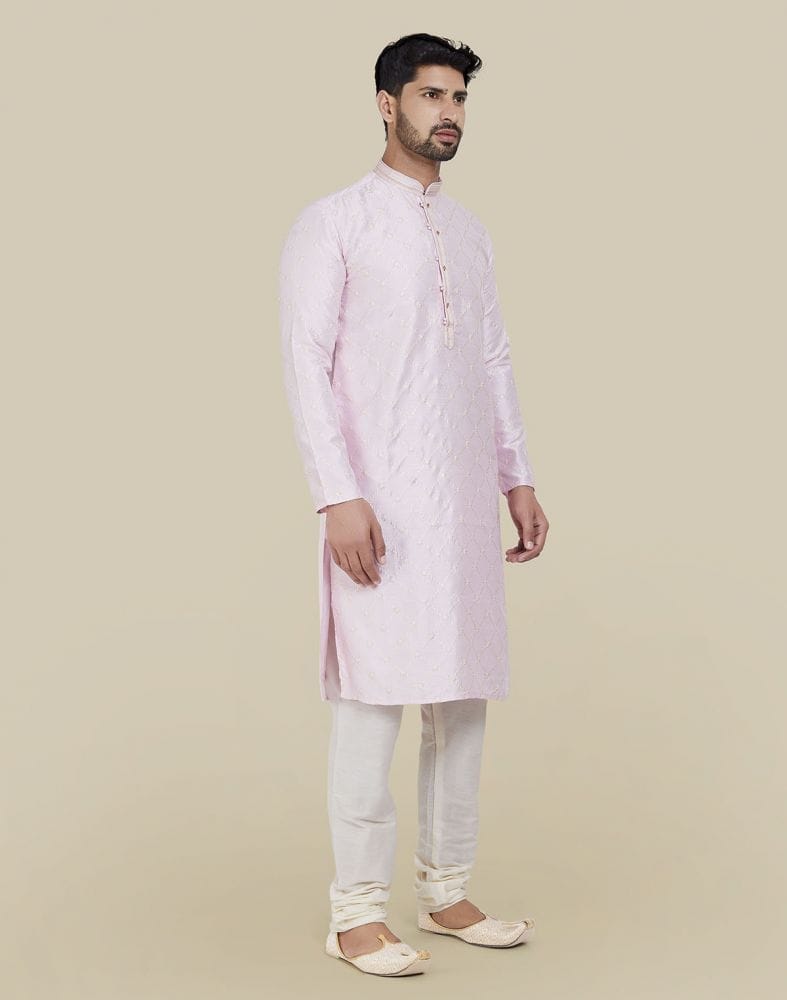 Collection of Light Pink Stylish Thread And Sequence Work Kurta Pajama Set in a gallery layout