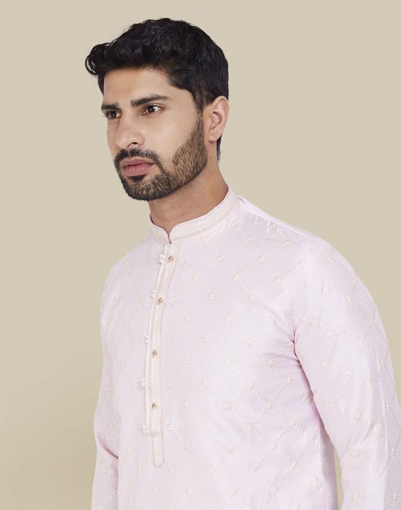 Light Pink Stylish Thread And Sequence Work Kurta Pajama Set