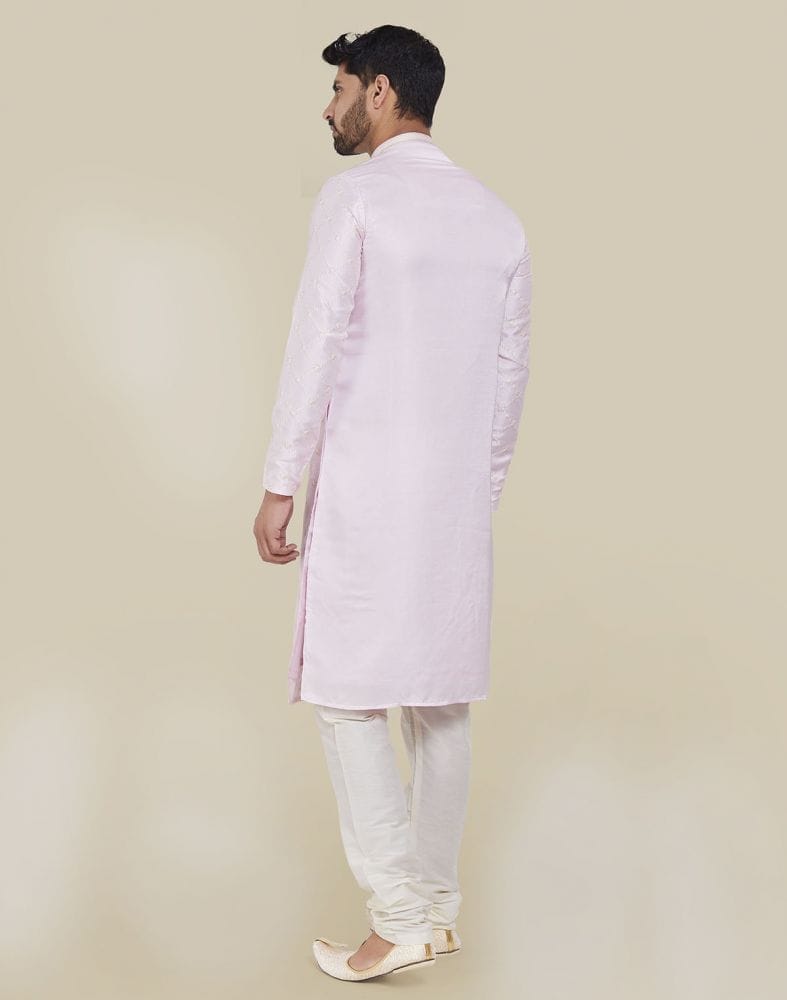 Collection of Light Pink Stylish Thread And Sequence Work Kurta Pajama Set in a gallery layout