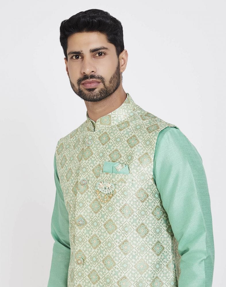 Collection of Light Green Self Highlighted Design Kurta Set in a gallery layout