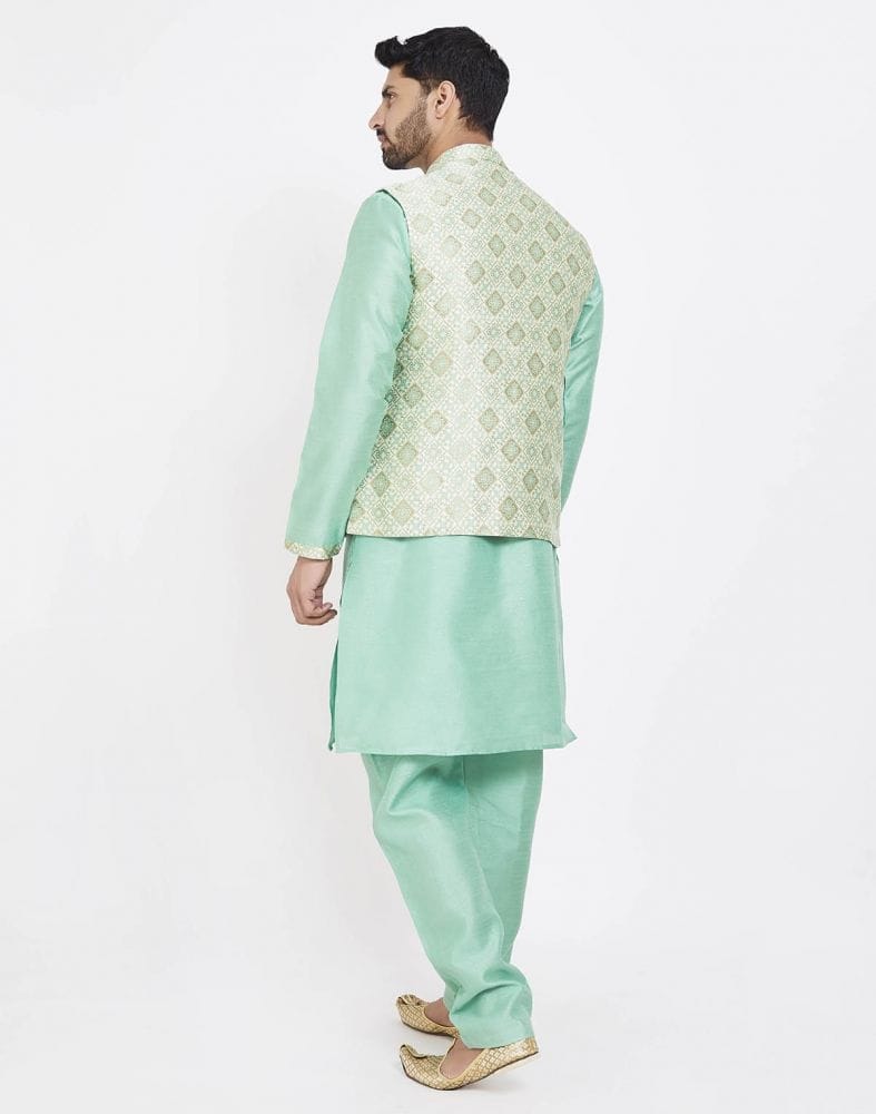 Collection of Light Green Self Highlighted Design Kurta Set in a gallery layout