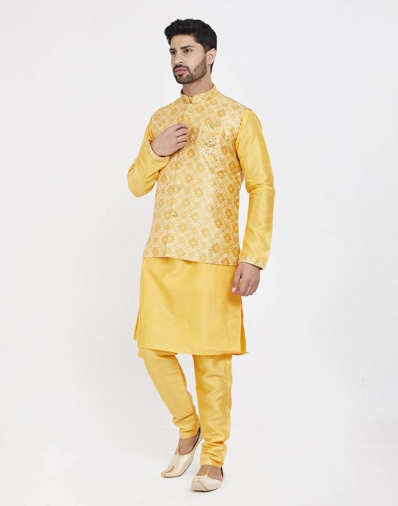 Collection of Yellow Self Highlighted Design Kurta Set in a gallery layout