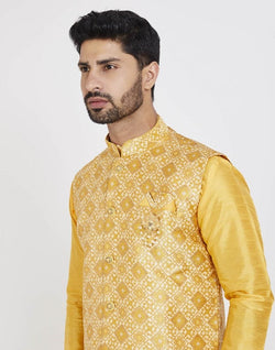 Collection of Yellow Self Highlighted Design Kurta Set in a gallery layout