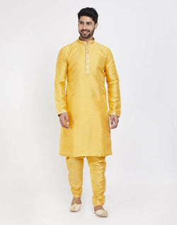 Collection of Yellow Self Highlighted Design Kurta Set in a gallery layout