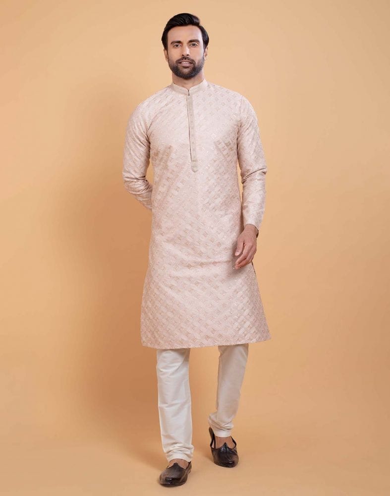 Fawn Coloured Self Design Embellished work Jacquard Kurta Set