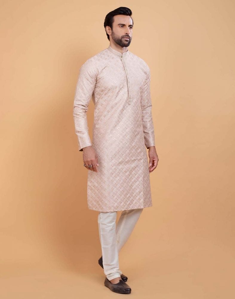 Collection of Fawn Coloured Self Design Embellished work Jacquard Kurta Set in a gallery layout