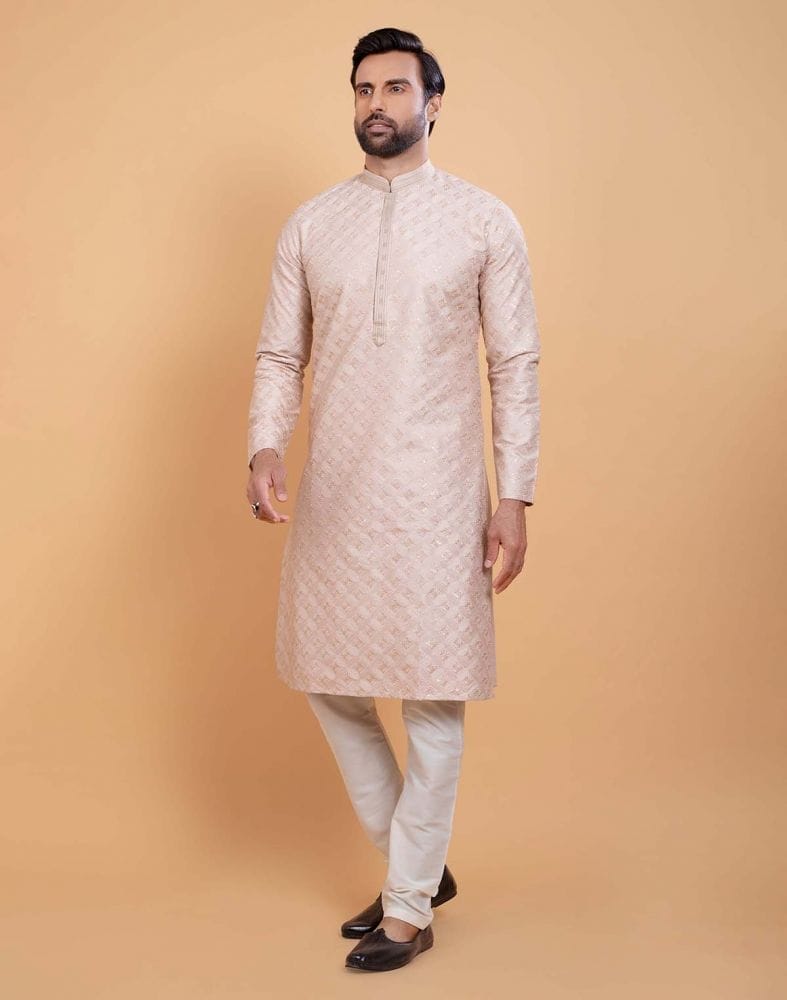 Collection of Fawn Coloured Self Design Embellished work Jacquard Kurta Set in a gallery layout