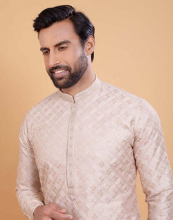 Collection of Fawn Coloured Self Design Embellished work Jacquard Kurta Set in a gallery layout