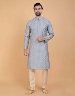 Collection of Grey Self Design Embellished work Jacquard Kurta Set in a gallery layout