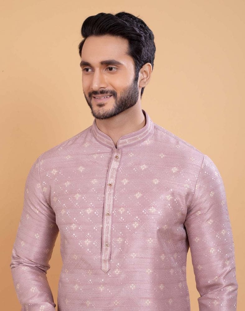 Collection of All Over Self Design Print Light Pink Colour Jacquard Kurta Set in a gallery layout