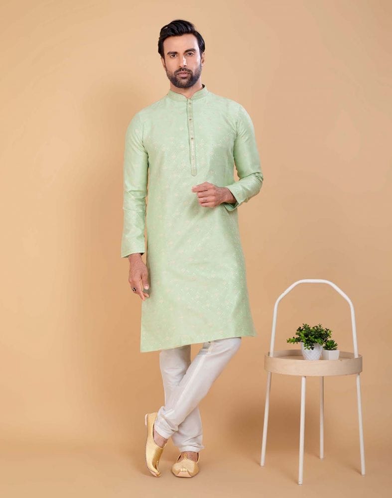 All Over Self Design Mehendi Green Jacquard and Printed Kurta Set