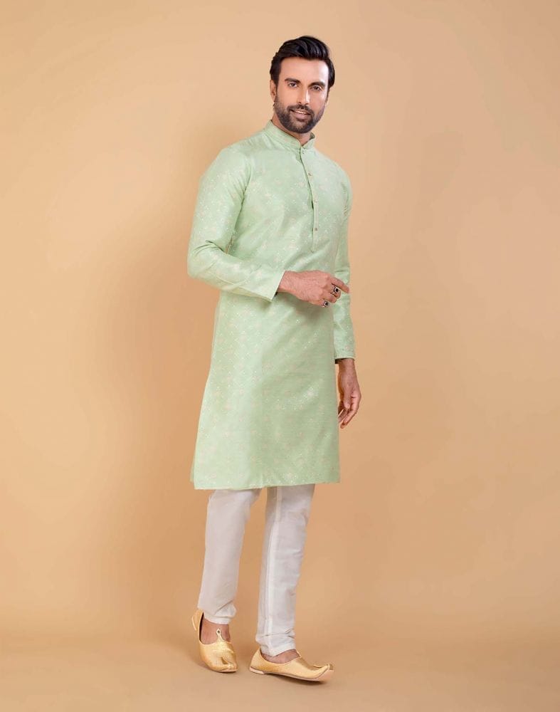 Collection of All Over Self Design Mehendi Green Jacquard and Printed Kurta Set in a gallery layout