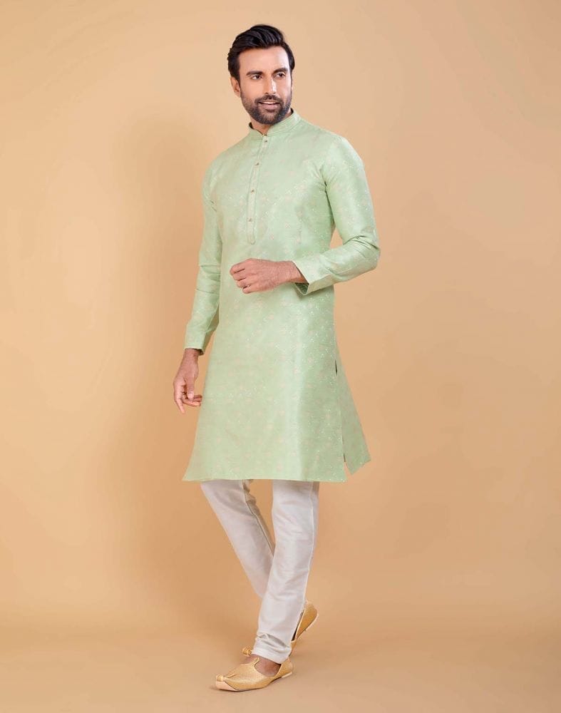 Collection of All Over Self Design Mehendi Green Jacquard and Printed Kurta Set in a gallery layout