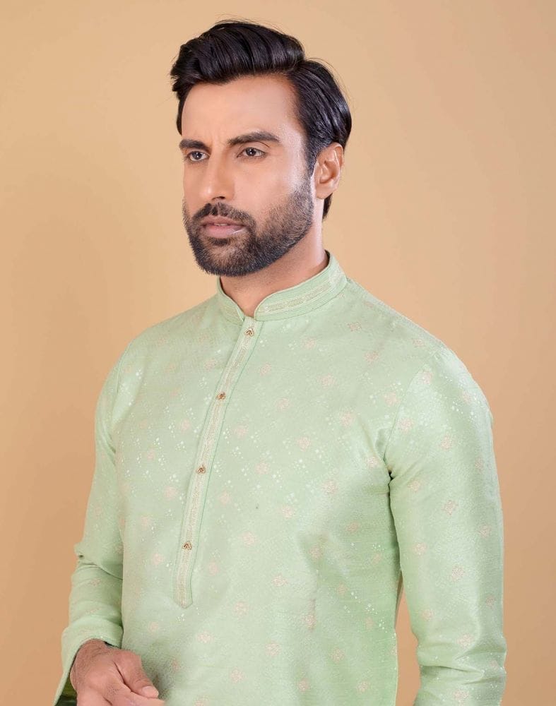 Collection of All Over Self Design Mehendi Green Jacquard and Printed Kurta Set in a gallery layout