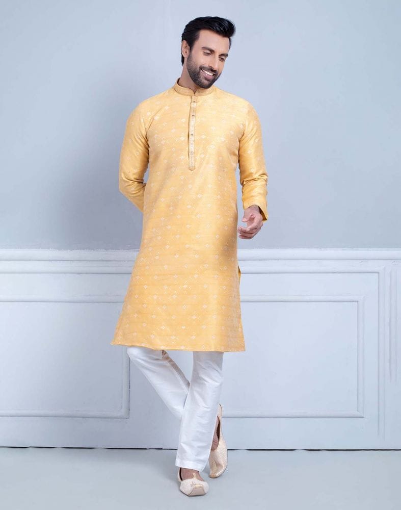 Collection of All Over Self Design Print Mustard Coloured Jacquard Kurta Set in a gallery layout