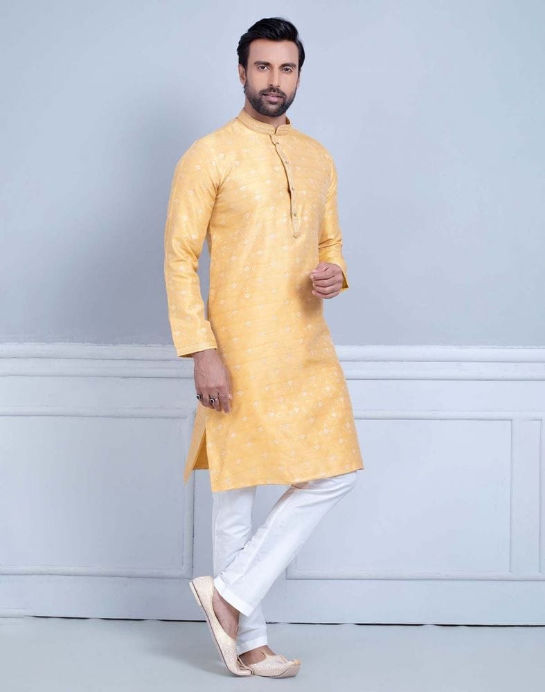 Collection of All Over Self Design Print Mustard Coloured Jacquard Kurta Set in a gallery layout