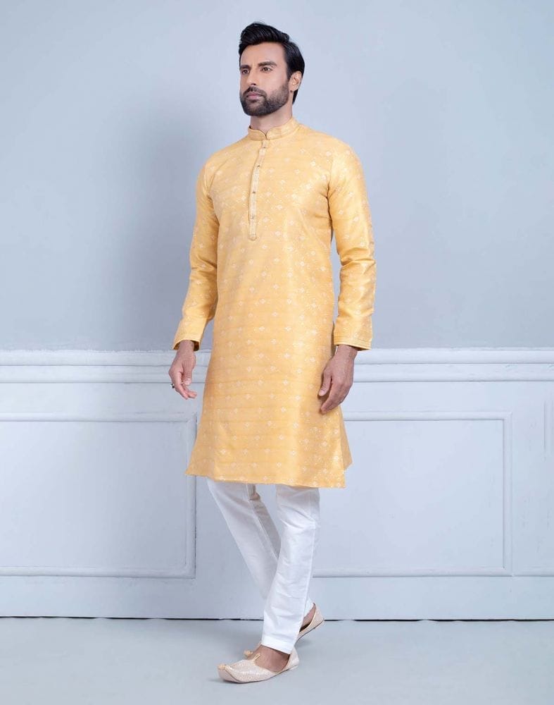 Collection of All Over Self Design Print Mustard Coloured Jacquard Kurta Set in a gallery layout