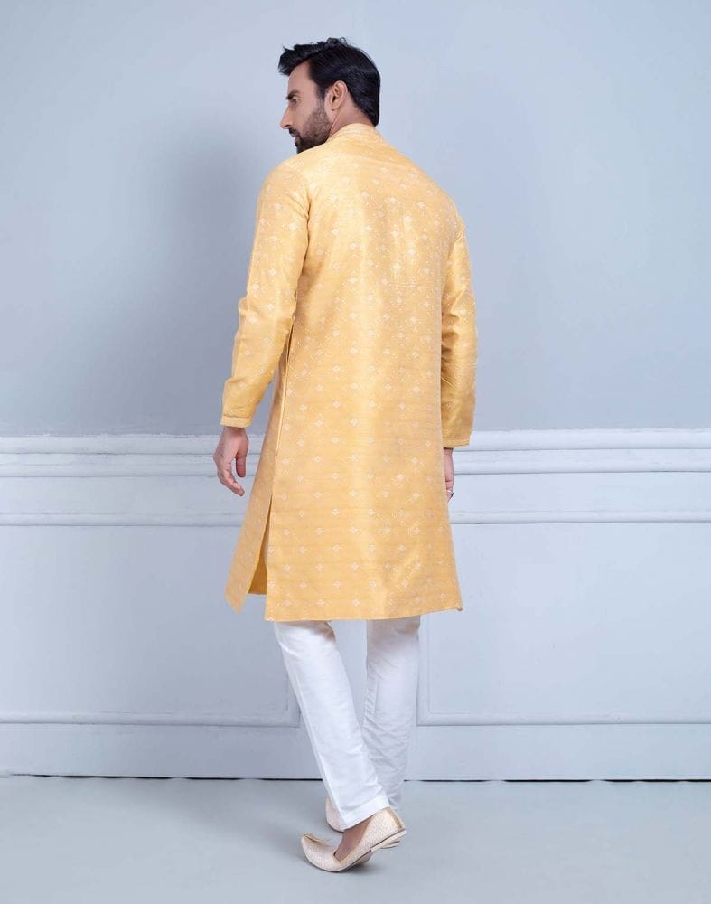 Collection of All Over Self Design Print Mustard Coloured Jacquard Kurta Set in a gallery layout