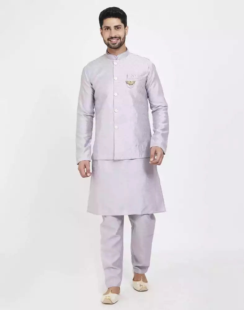 Collection of Blue Raw silk Sequence Work Kurta Set in a gallery layout