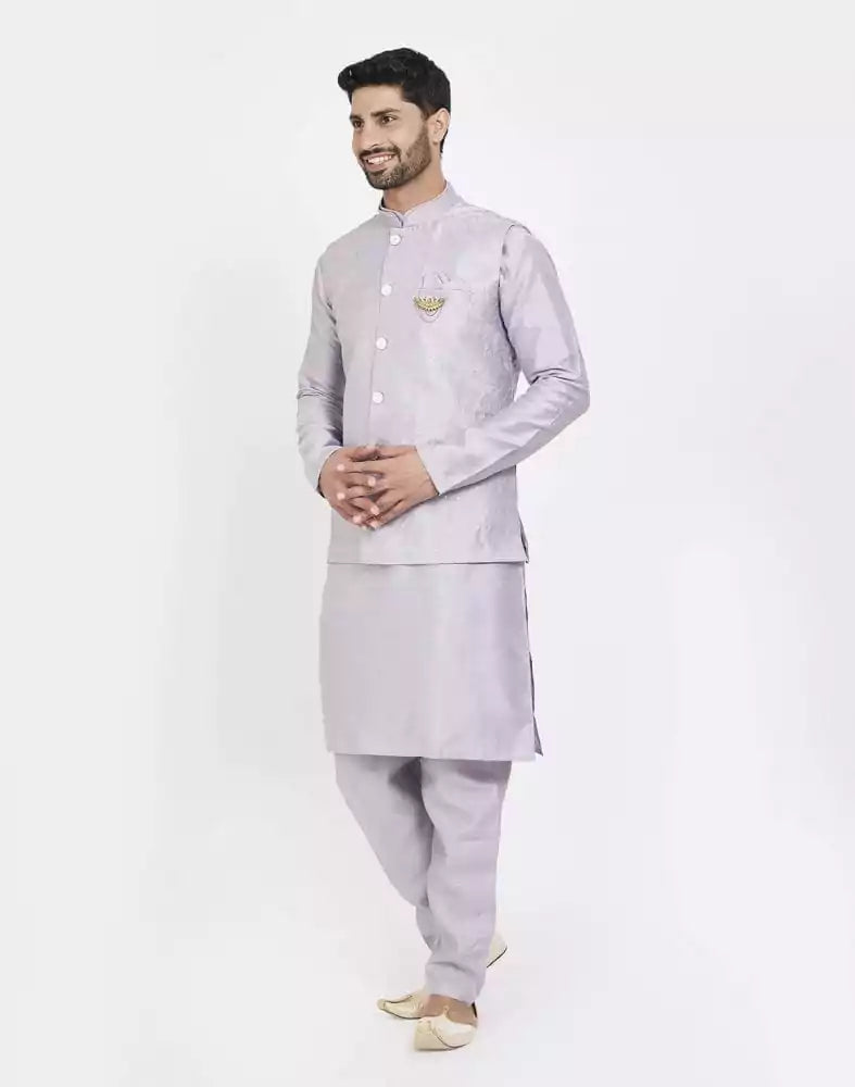 Collection of Blue Raw silk Sequence Work Kurta Set in a gallery layout