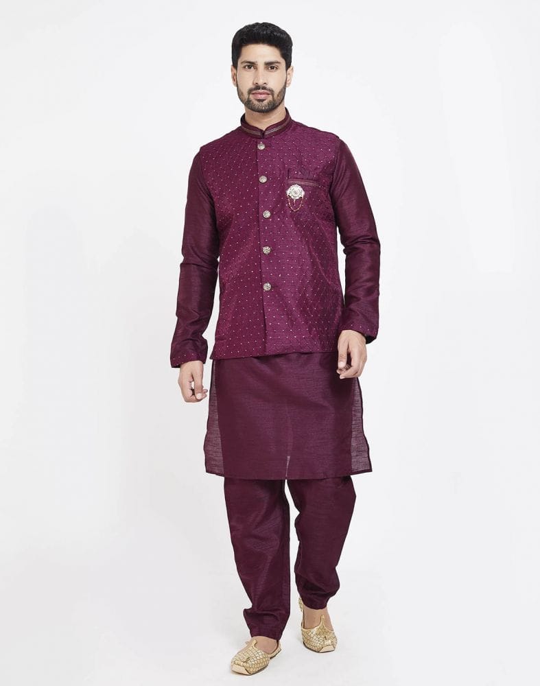 Maroon Raw silk Sequence Work Kurta Set