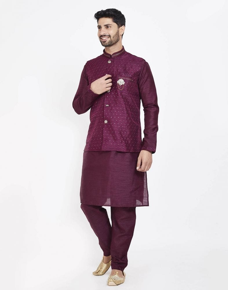 Maroon Raw silk Sequence Work Kurta Set