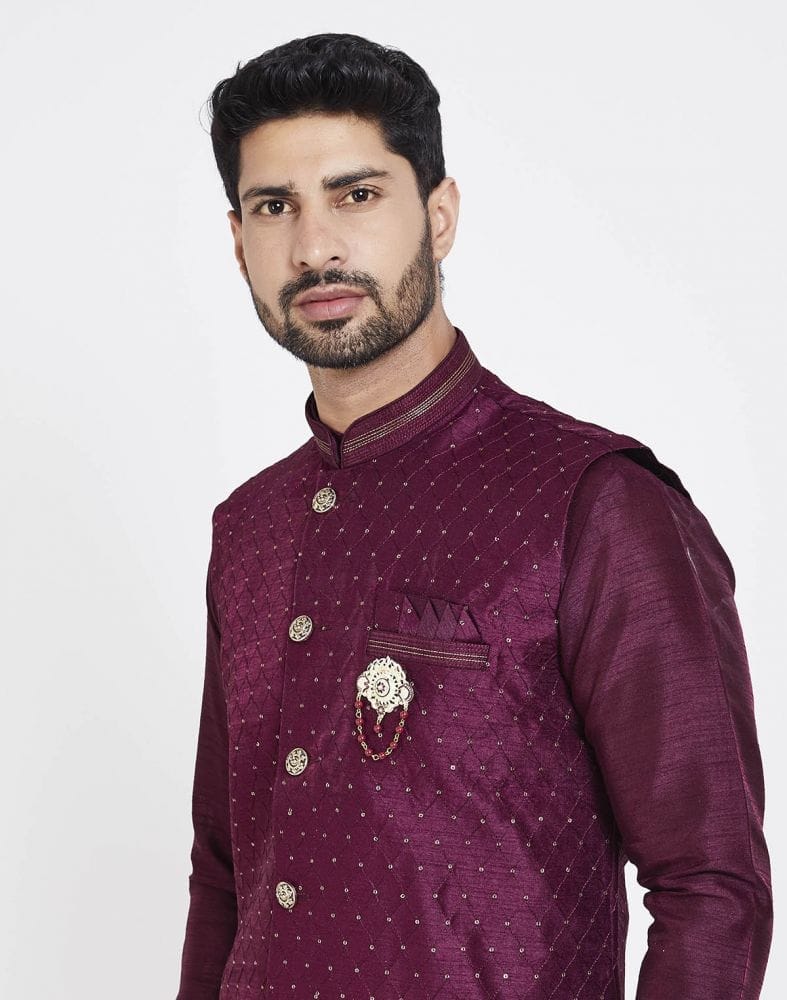 Maroon Raw silk Sequence Work Kurta Set