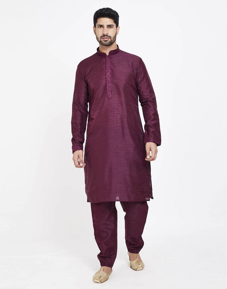 Collection of Maroon Raw silk Sequence Work Kurta Set in a gallery layout