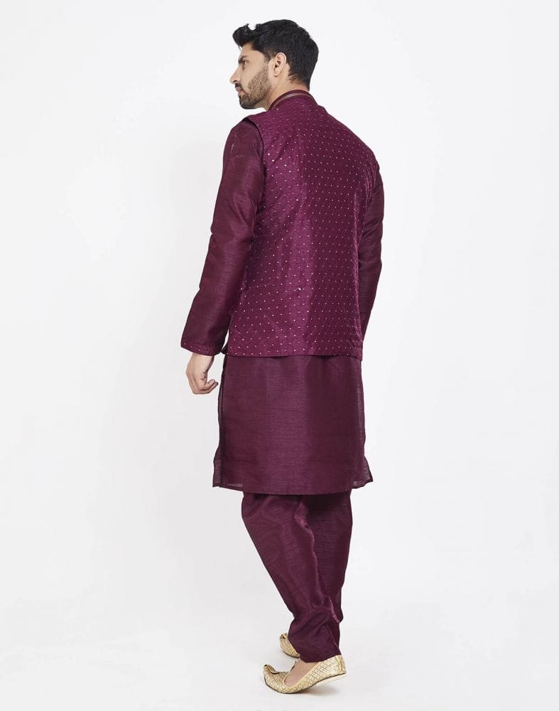 Collection of Maroon Raw silk Sequence Work Kurta Set in a gallery layout