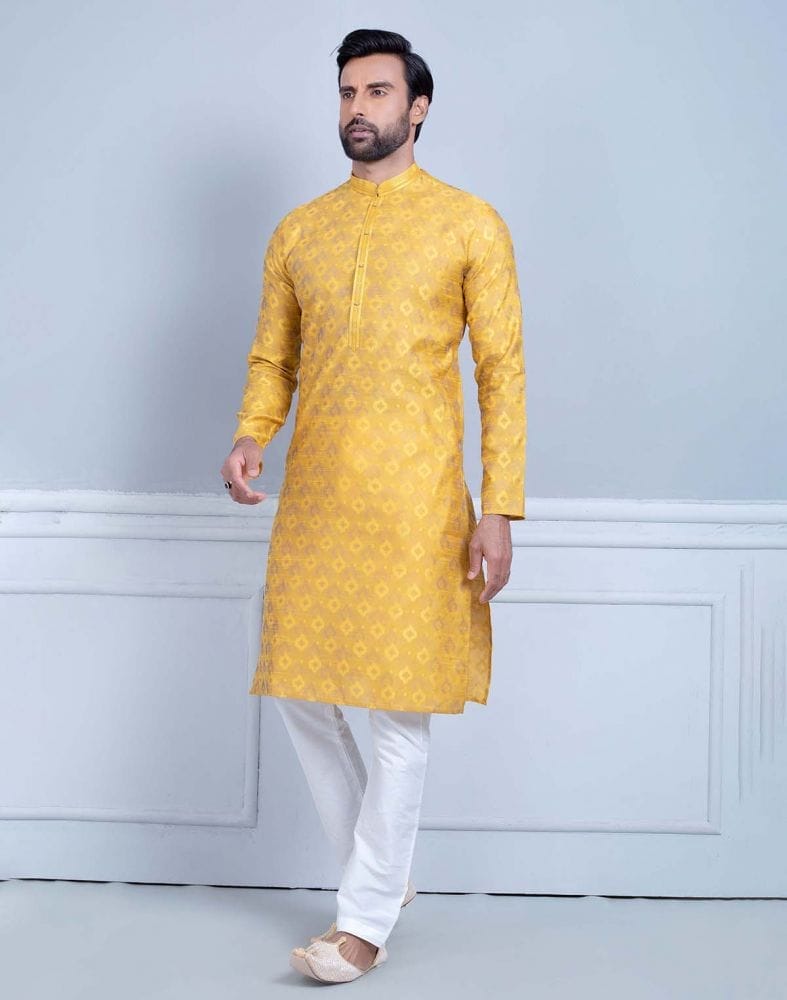 Collection of Mustard Soft Silk Self Booti Design Kurta Set in a gallery layout