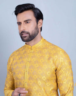 Collection of Mustard Soft Silk Self Booti Design Kurta Set in a gallery layout