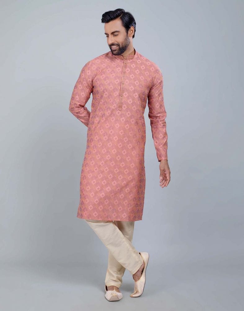 Collection of Peach Coloured Soft Silk Self Booti Design Kurta Set in a gallery layout