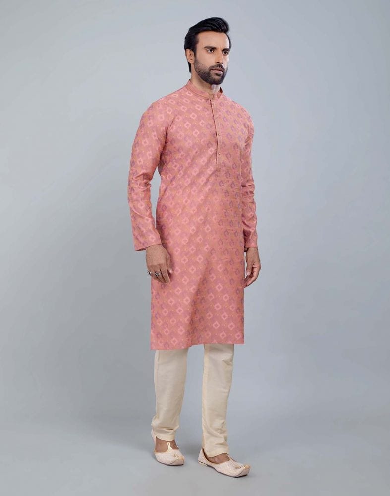 Collection of Peach Coloured Soft Silk Self Booti Design Kurta Set in a gallery layout