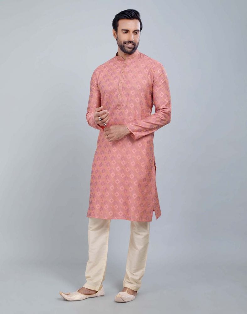 Peach Coloured Soft Silk Self Booti Design Kurta Set