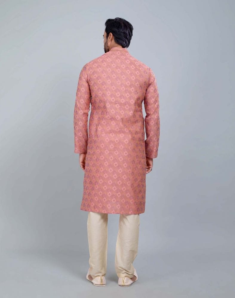 Collection of Peach Coloured Soft Silk Self Booti Design Kurta Set in a gallery layout