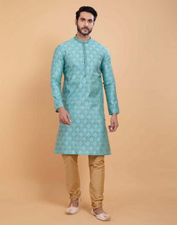 Collection of Sky Blue Soft Silk Self Booti Design Kurta Set in a gallery layout