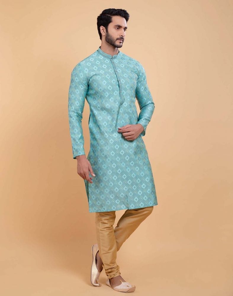 Collection of Sky Blue Soft Silk Self Booti Design Kurta Set in a gallery layout