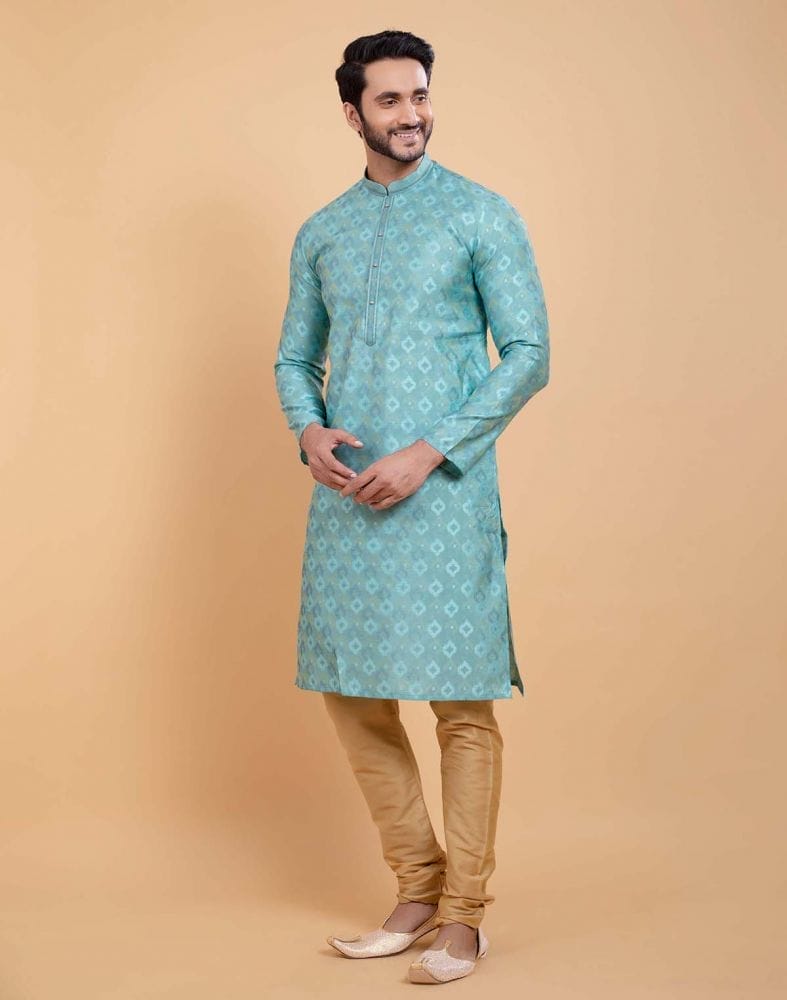 Collection of Sky Blue Soft Silk Self Booti Design Kurta Set in a gallery layout