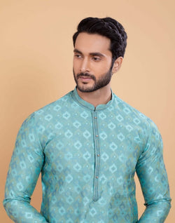 Collection of Sky Blue Soft Silk Self Booti Design Kurta Set in a gallery layout