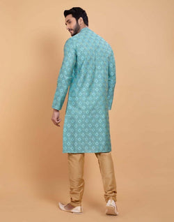 Collection of Sky Blue Soft Silk Self Booti Design Kurta Set in a gallery layout