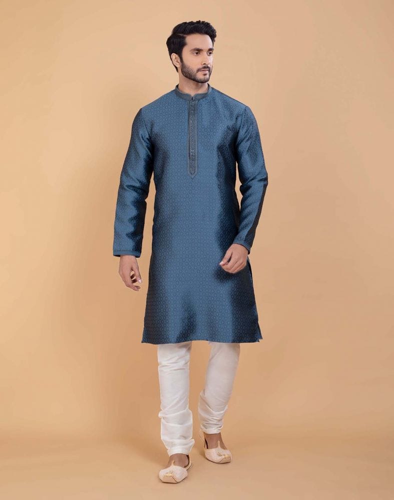 Grey Self Jacquard All Over Printed With Thread Work Kurta Set