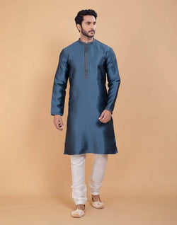 Collection of Grey Self Jacquard All Over Printed With Thread Work Kurta Set in a gallery layout