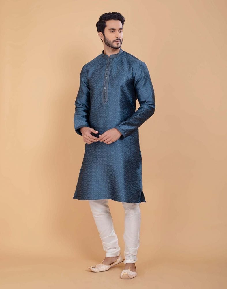 Collection of Grey Self Jacquard All Over Printed With Thread Work Kurta Set in a gallery layout