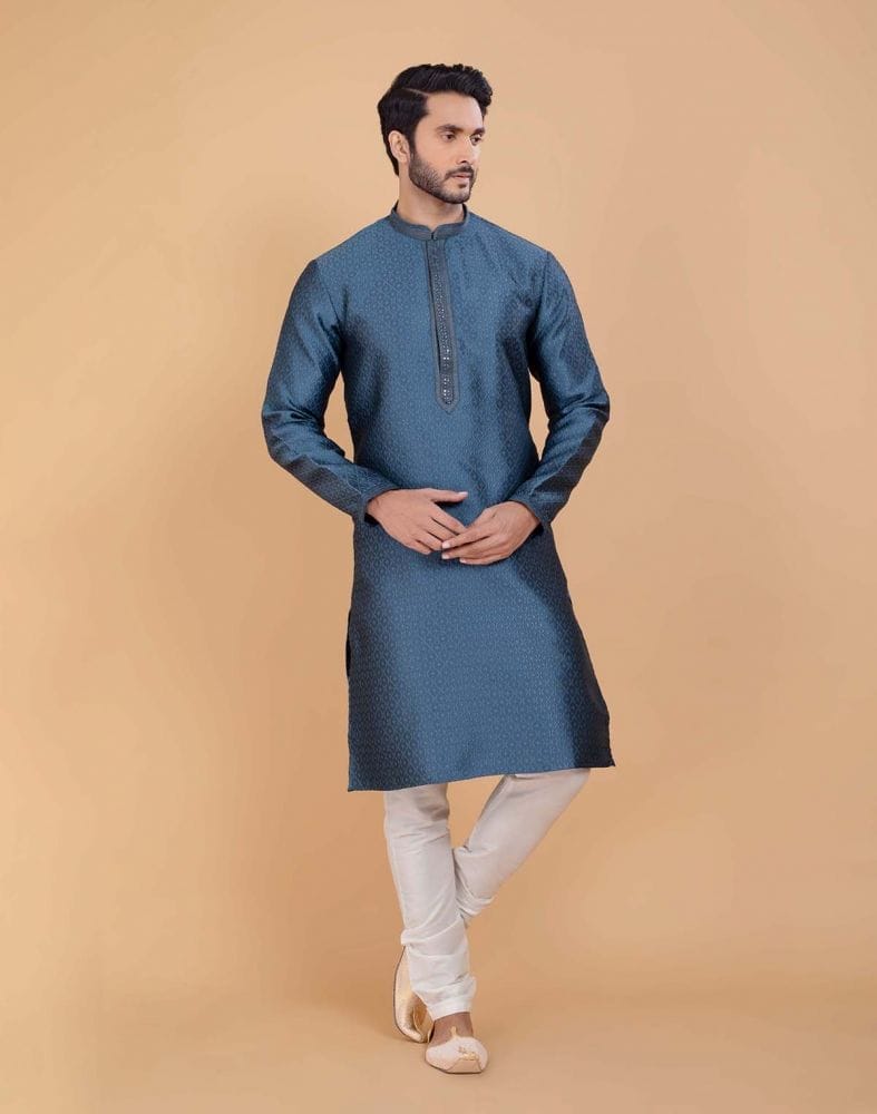 Grey Self Jacquard All Over Printed With Thread Work Kurta Set